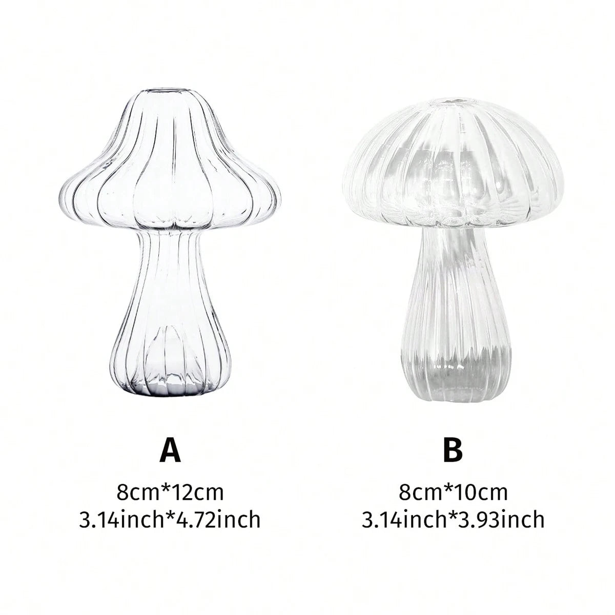 Two transparent glass mushroom-shaped lamps with measurements on a white background