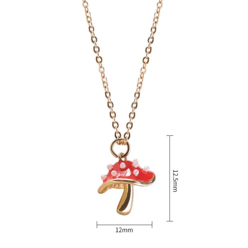 Mushroom-shaped pendant on a gold chain with measurements indicated.