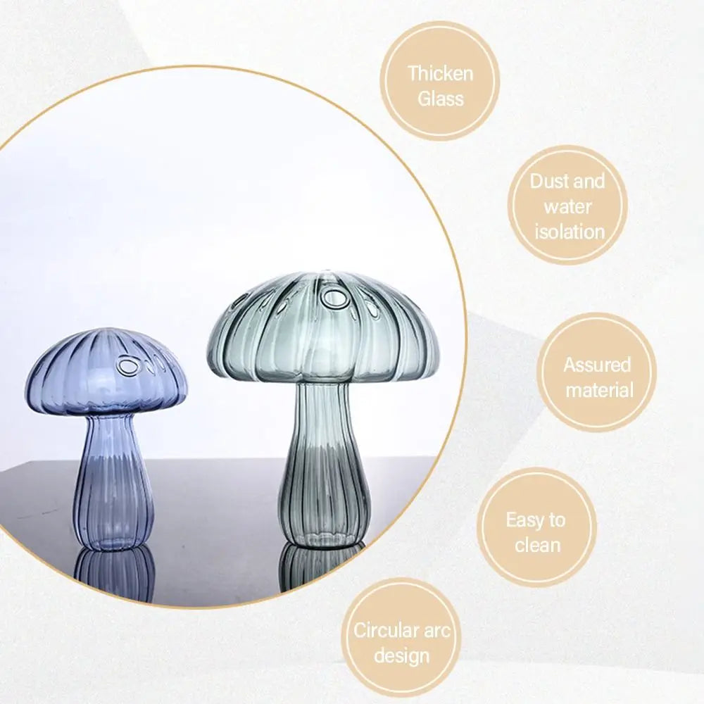Two mushroom-shaped lamps on a reflective surface with feature text on a light gray background