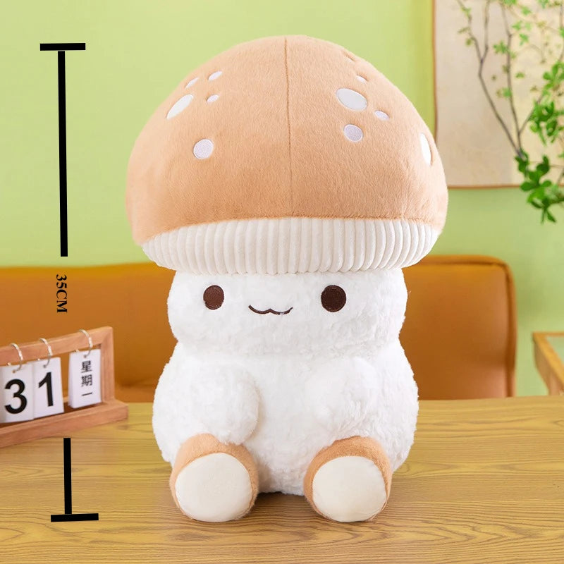 Plush toy mushroom with a smiley face on a wooden table