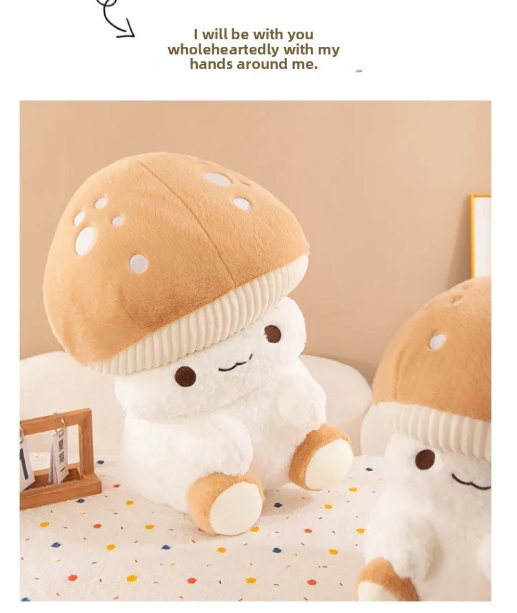 Cute plush toy resembling a mushroom with a white body on a polka dot surface.
