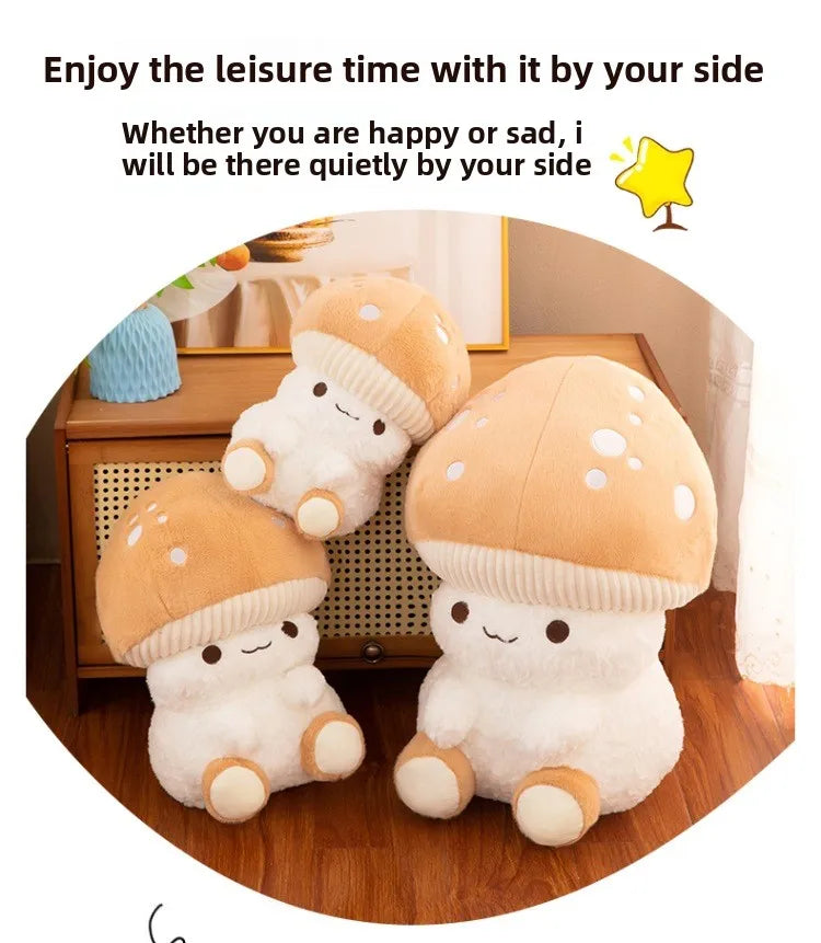 Two plush mushroom toys on a wooden surface with text about leisure time and companionship.