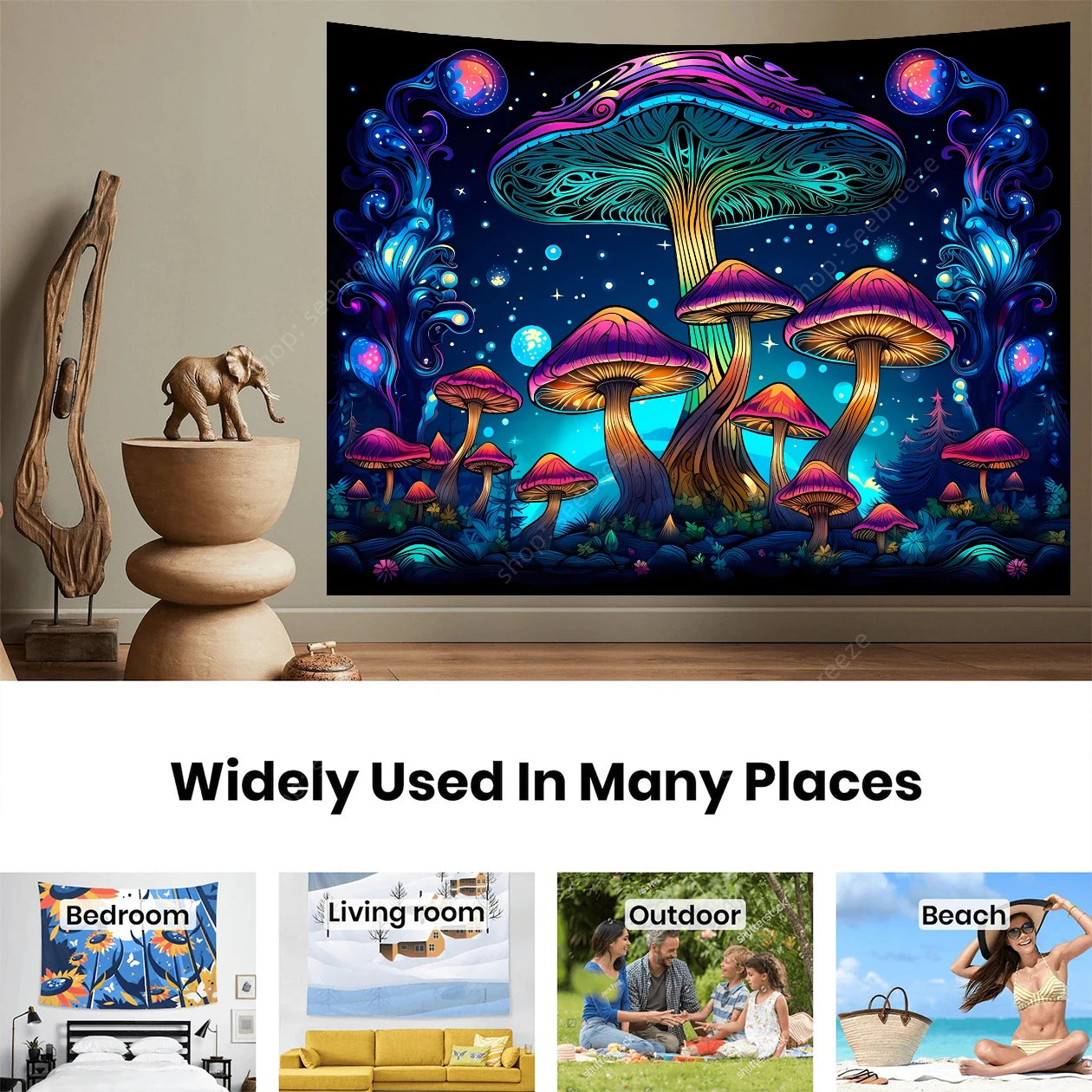 Colorful mushroom tapestry hanging on a wall with decorative elements below.