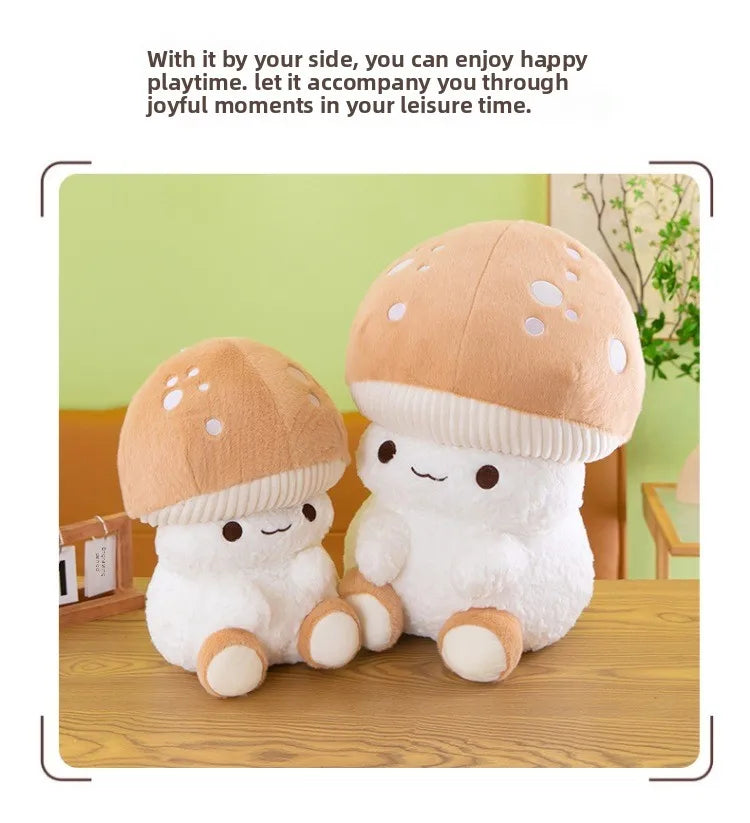 Two plush mushroom toys sitting on a wooden surface with a light green wall in the background.