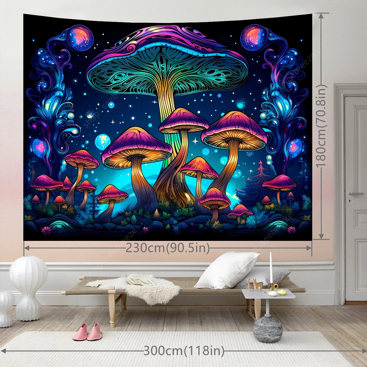 Colorful mushroom tapestry hanging on a wall with room dimensions displayed.