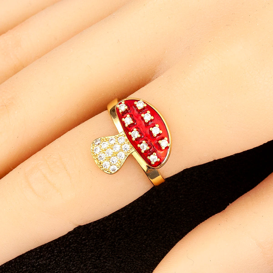 Real 18K Gold-Plated Enamel Mushroom Open Ring with CZ & Pearl – Adjustable Cute Statement Ring
