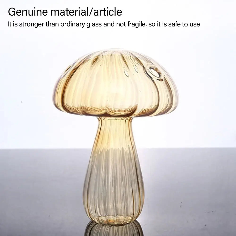 Glass mushroom-shaped lamp on a reflective surface with text about its strength and safety.
