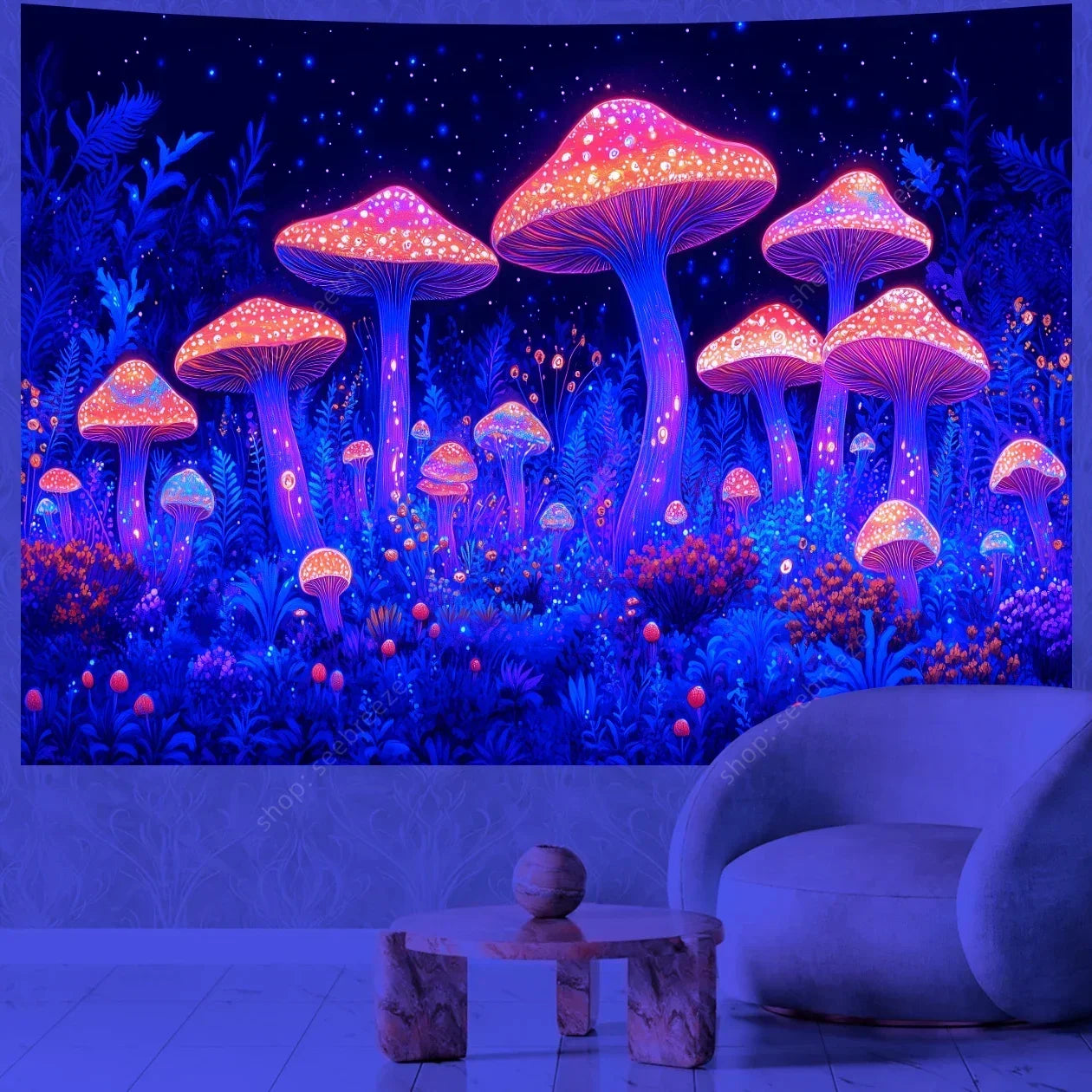 Colorful mushroom tapestry hanging on a wall with a modern chair and small table in front.
