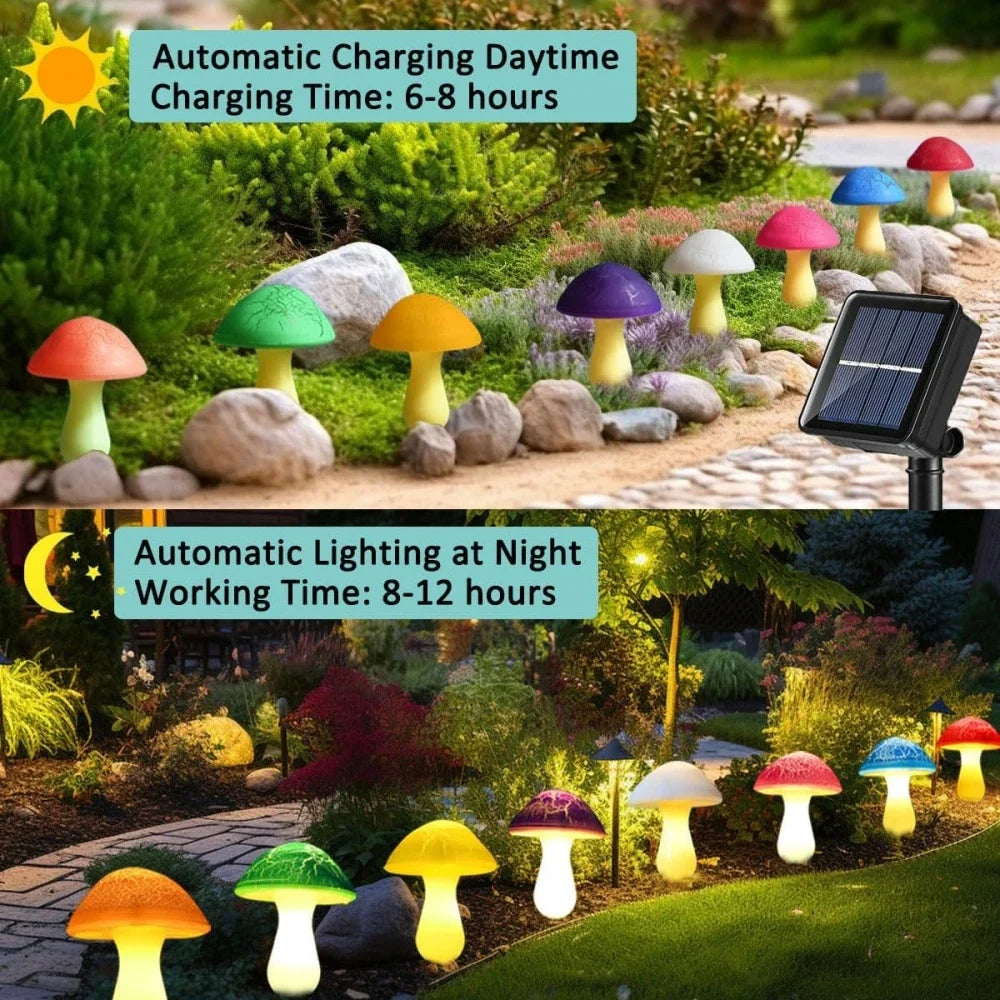 Colorful mushroom-shaped solar lights in a garden setting with text on charging times.