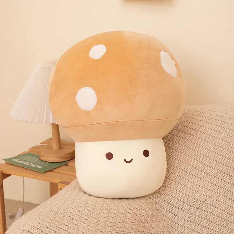 Cute mushroom-shaped plush toy on a bed with a lamp and book in the background