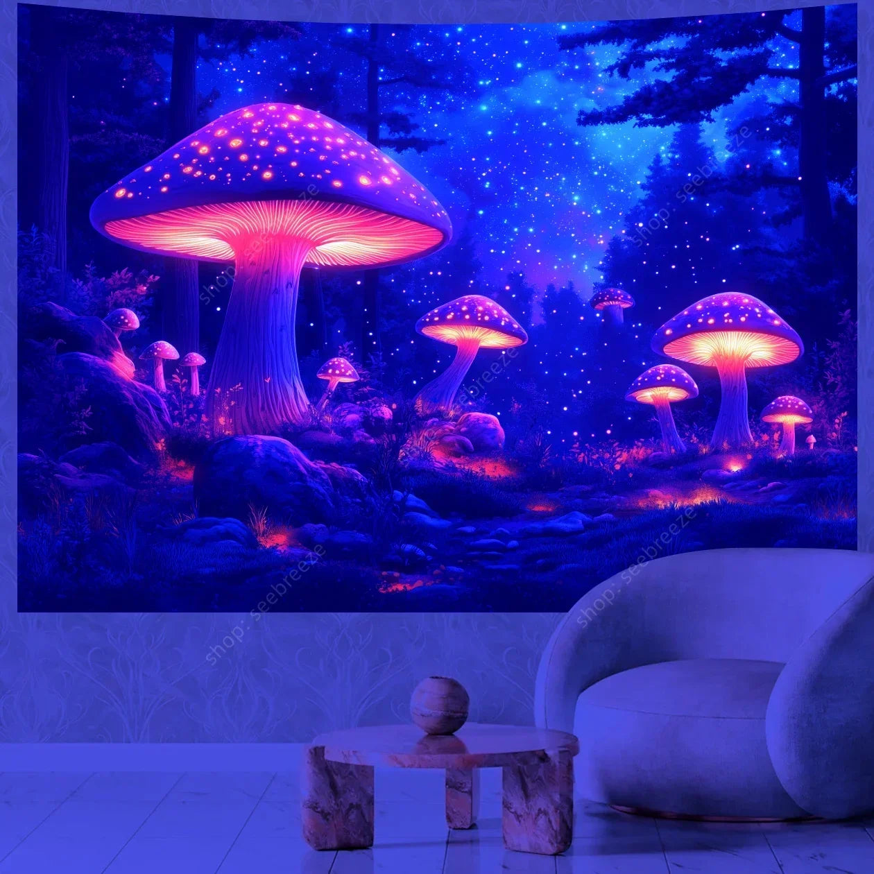 Fairy tale forest with glowing mushrooms on a wall tapestry in a room.