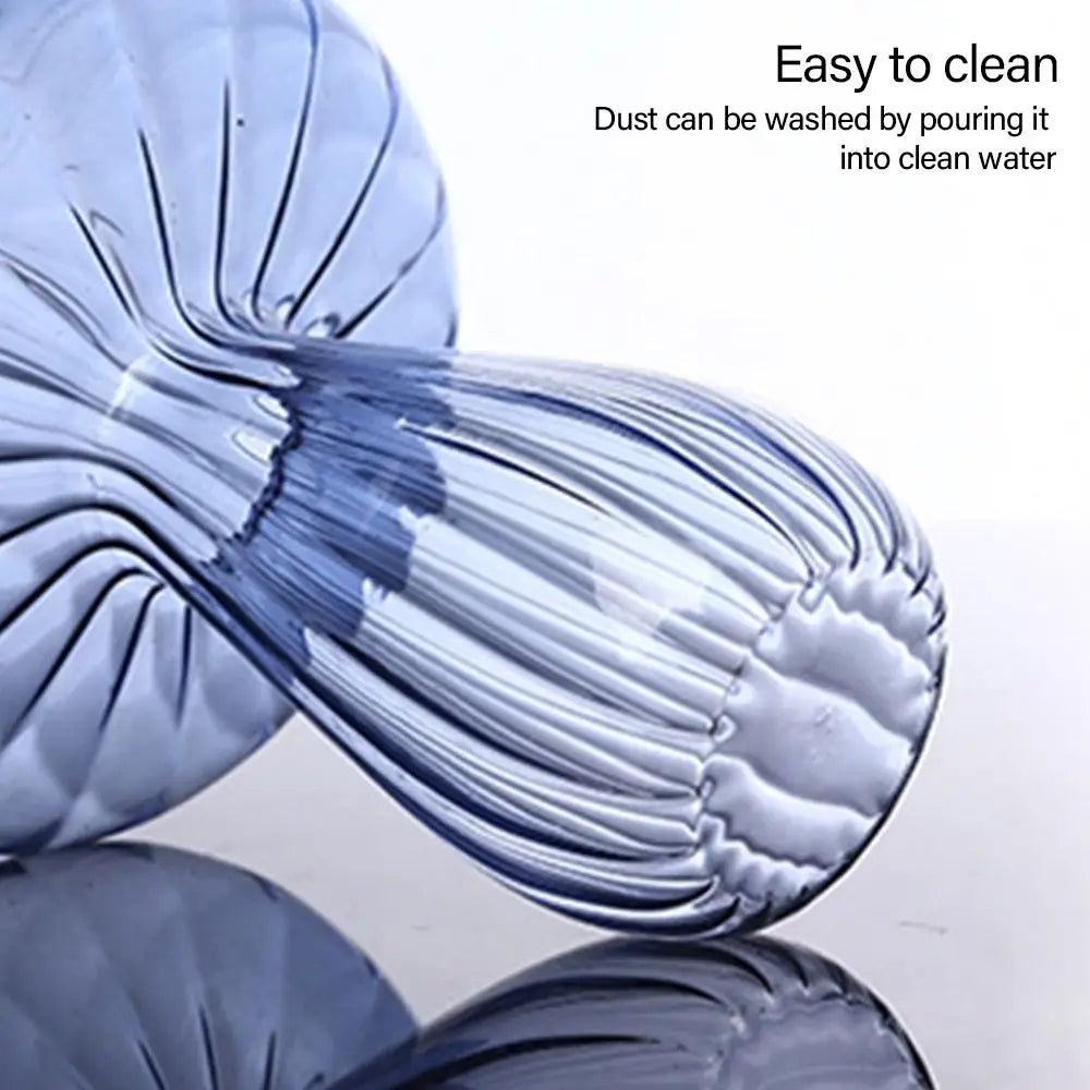 Close-up of a blue cleaning tool with text indicating it is easy to clean.