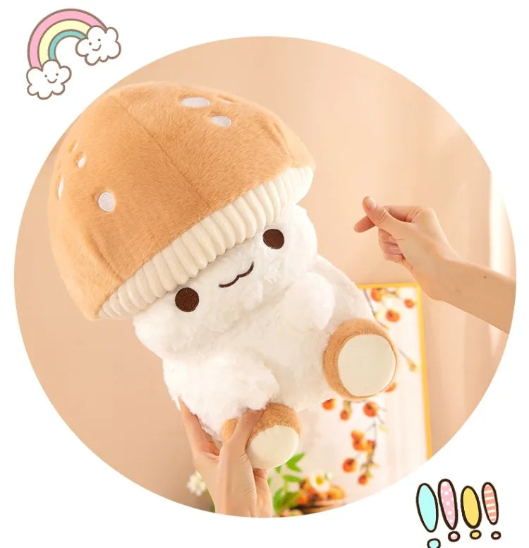 Plush toy resembling a white creature with a brown cap held by a hand against a beige background.