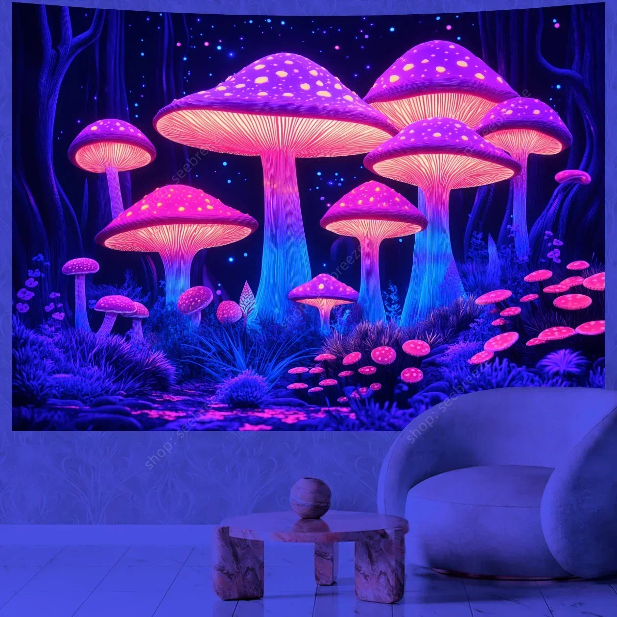 Mushroom tapestry with purple and pink hues in a room setting.