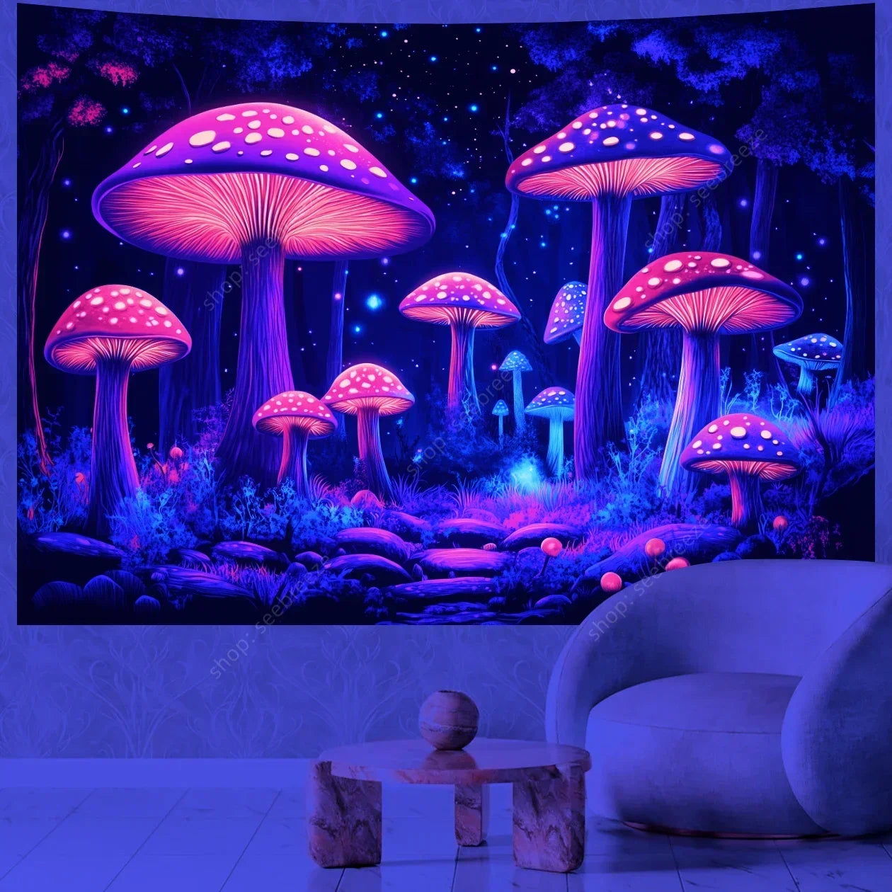 Futuristic mushroom tapestry in a room with a chair and small table.