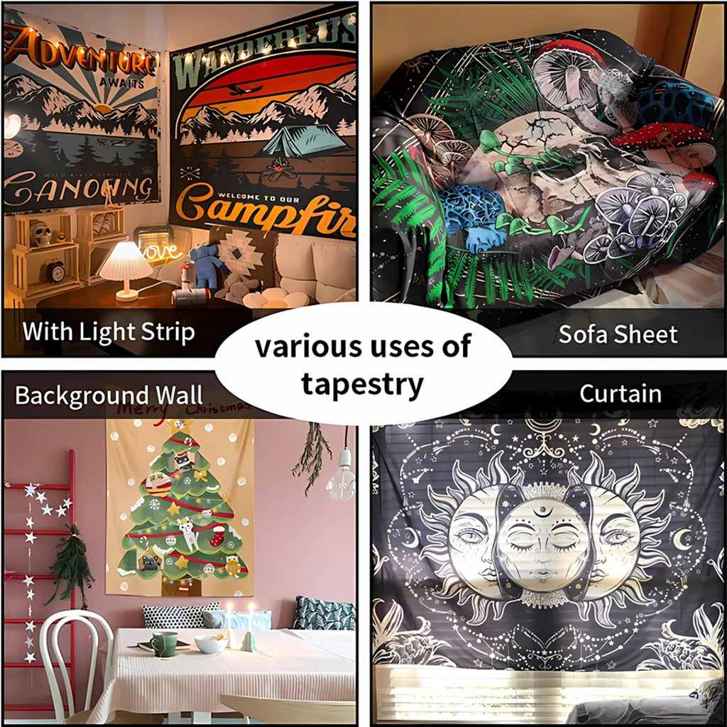 Collage of tapestry uses including wall art, sofa cover, and curtain.