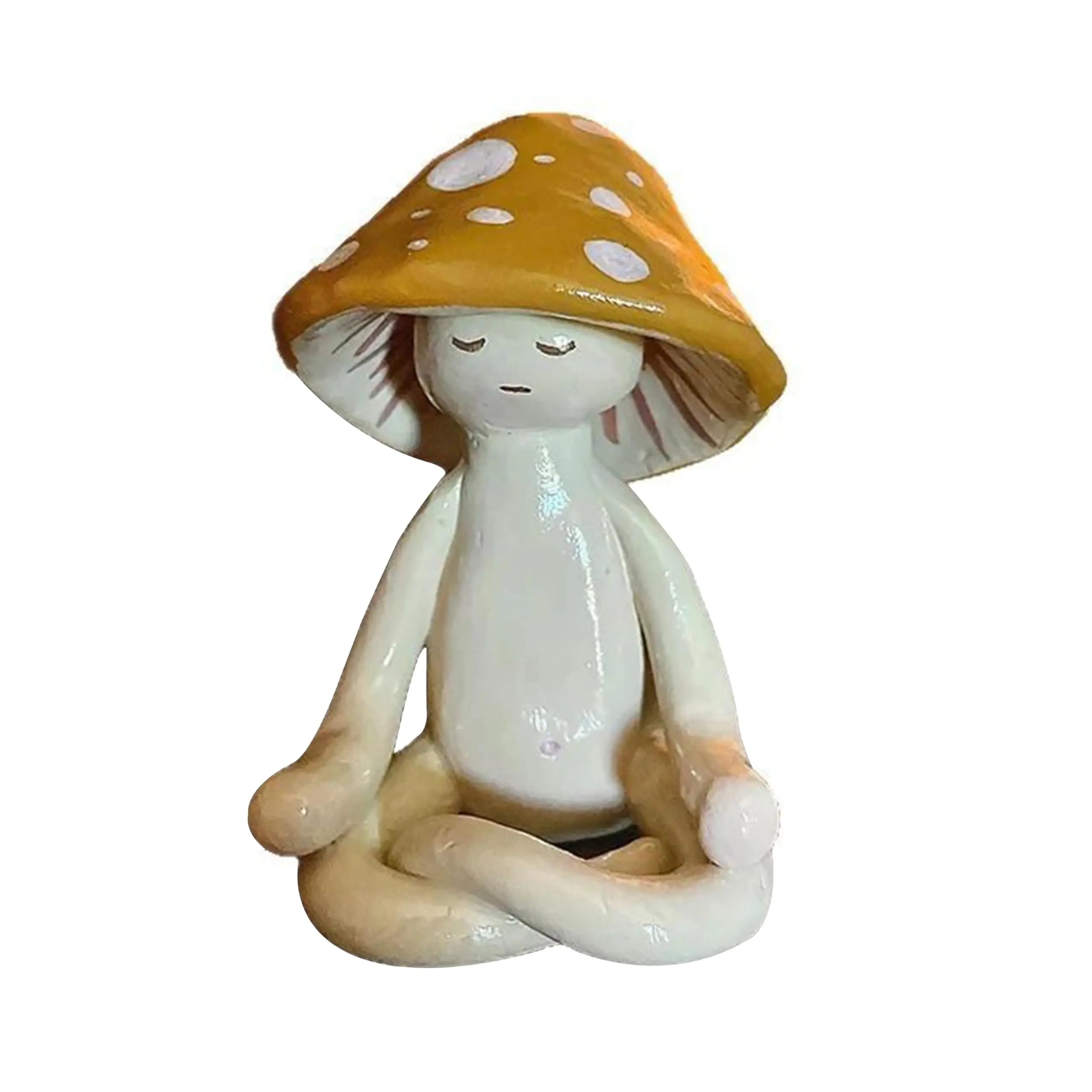 Ceramic figurine of a person with a mushroom-shaped hat on a white background