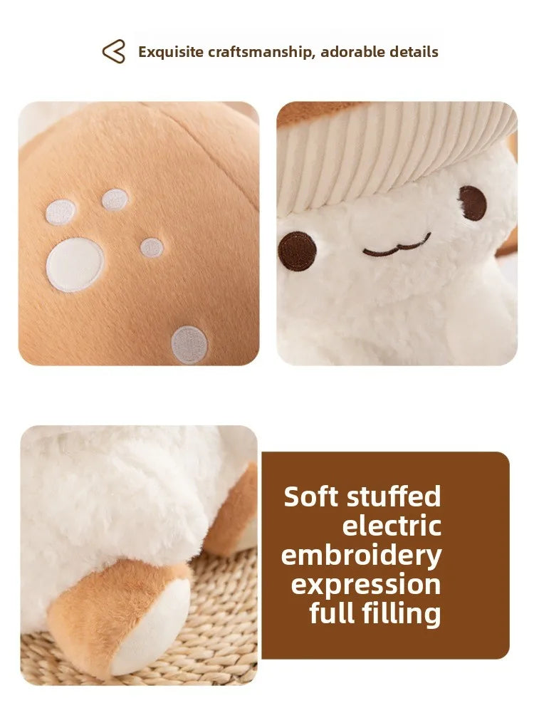 Plush toy with facial features and text describing its qualities