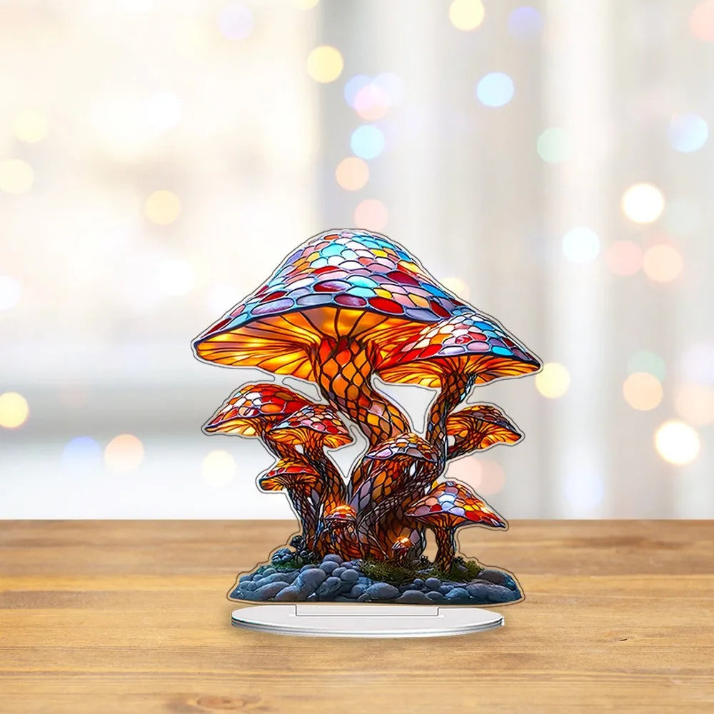Colorful mushroom-shaped lamp on a wooden surface with a blurred light background