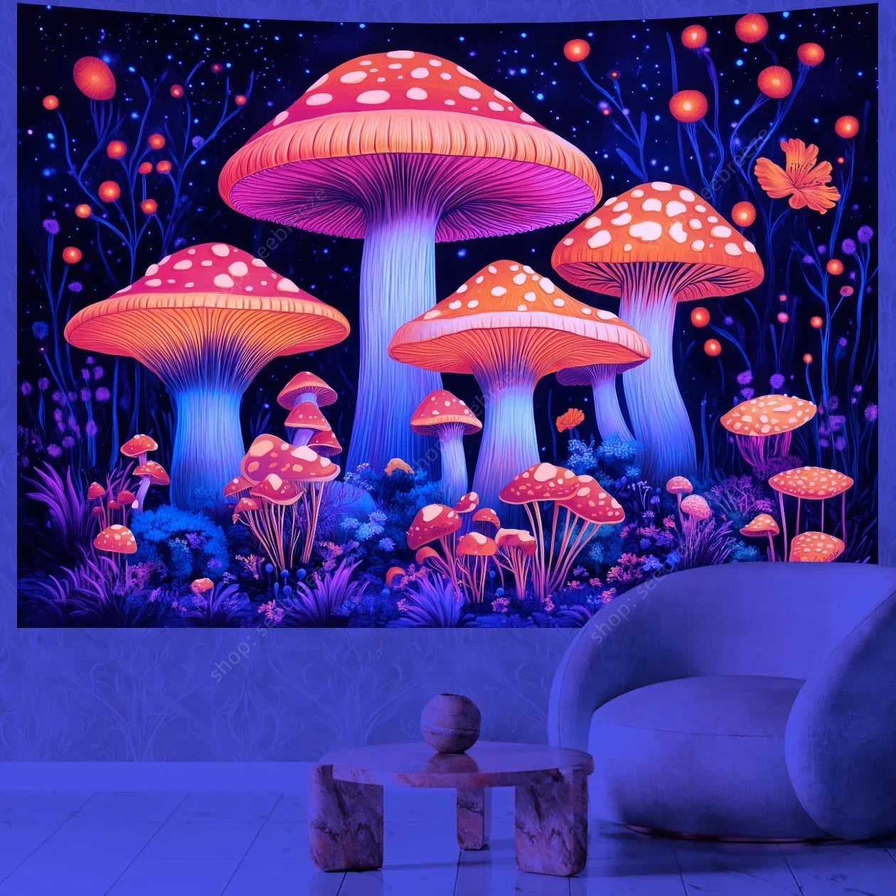 Festive mushroom tapestry with vibrant colors in a room setting.