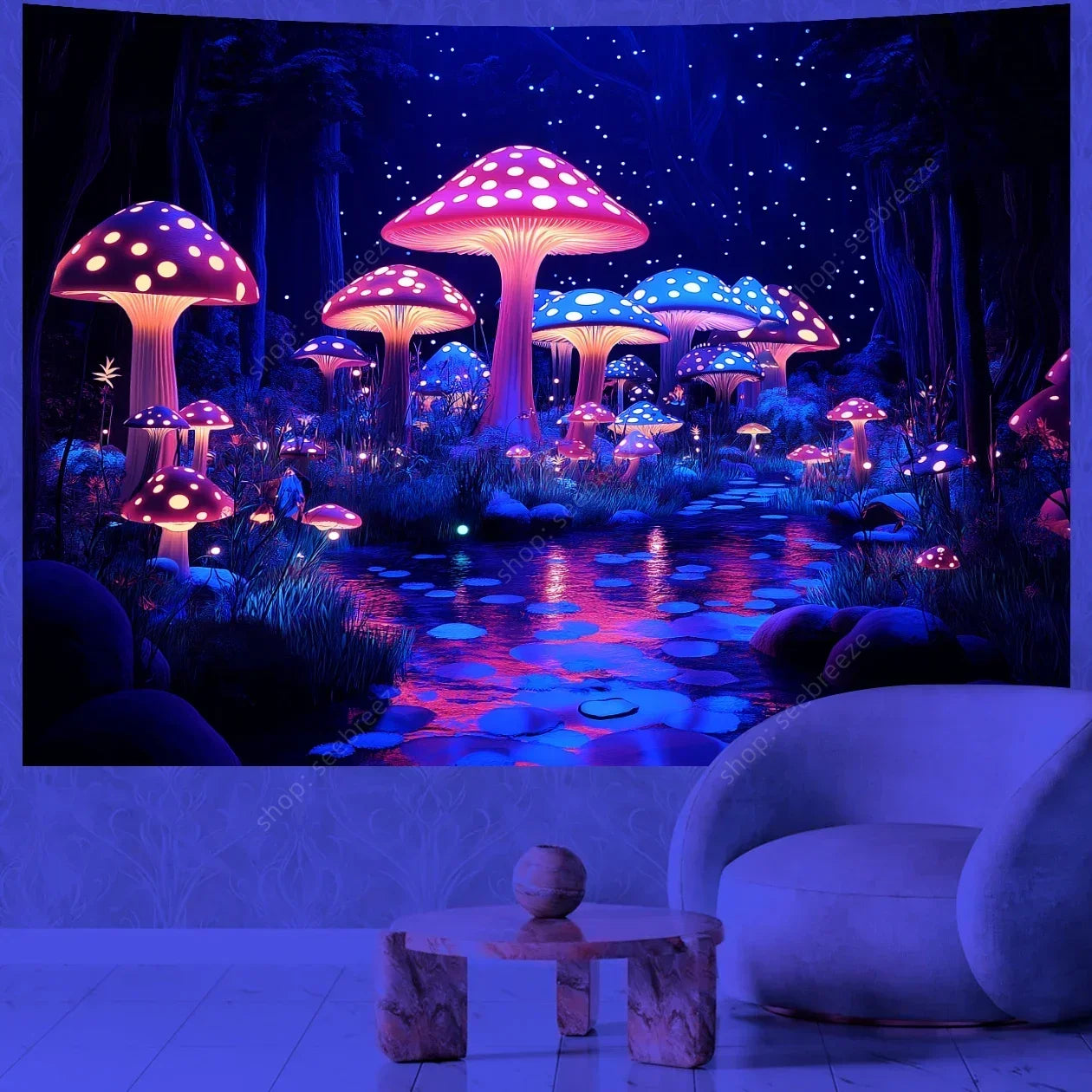 Futuristic mushroom landscape tapestry in a room with a chair and small table.