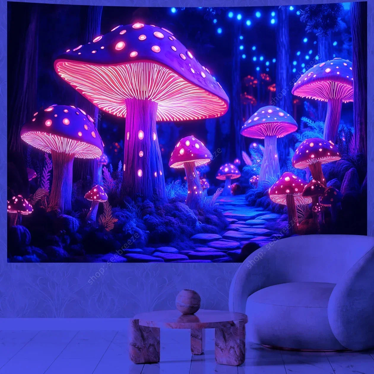 Glowing purple and pink mushrooms tapestry in a room with a white chair and small table.