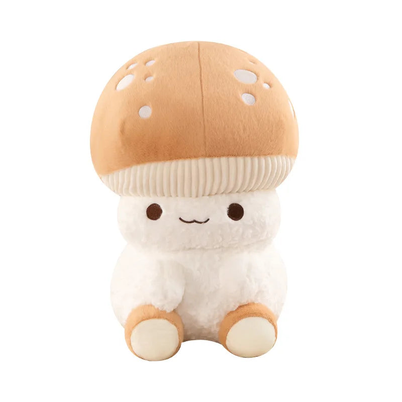 Plush toy shaped like a mushroom with a white body and brown cap on a white background