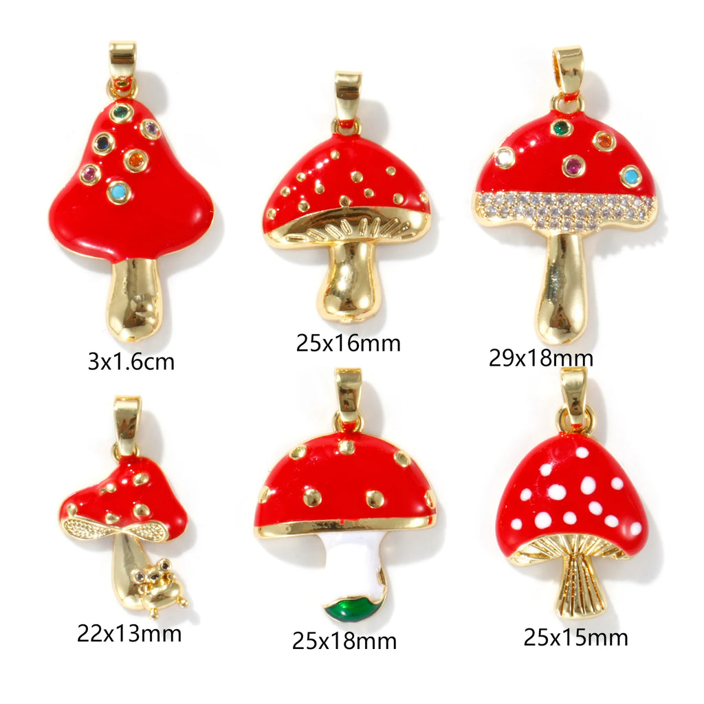 Red mushroom-shaped pendants with gold accents and gemstones, shown with measurements on a white background.