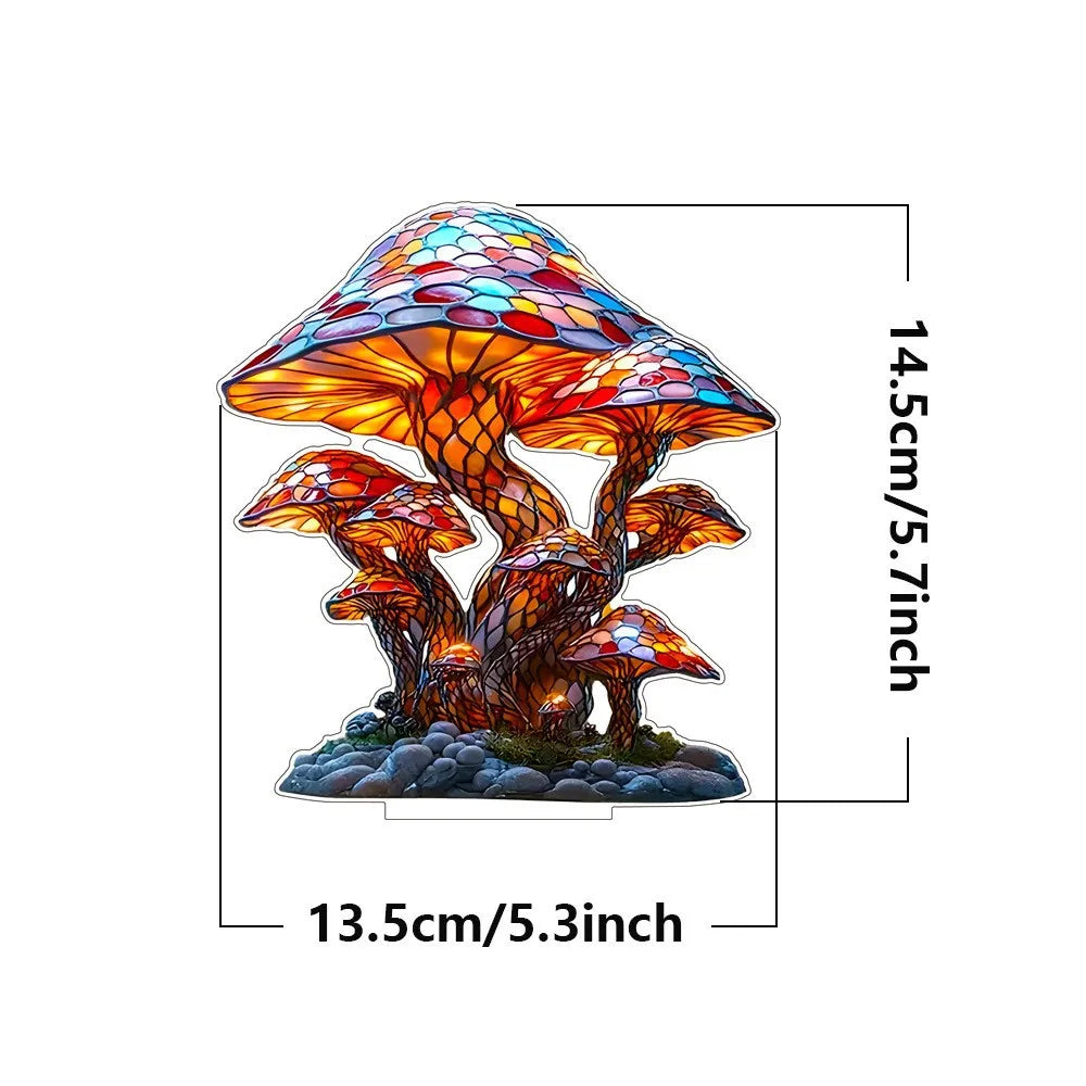 Colorful mushroom-shaped lamp with dimensions indicated on a white background