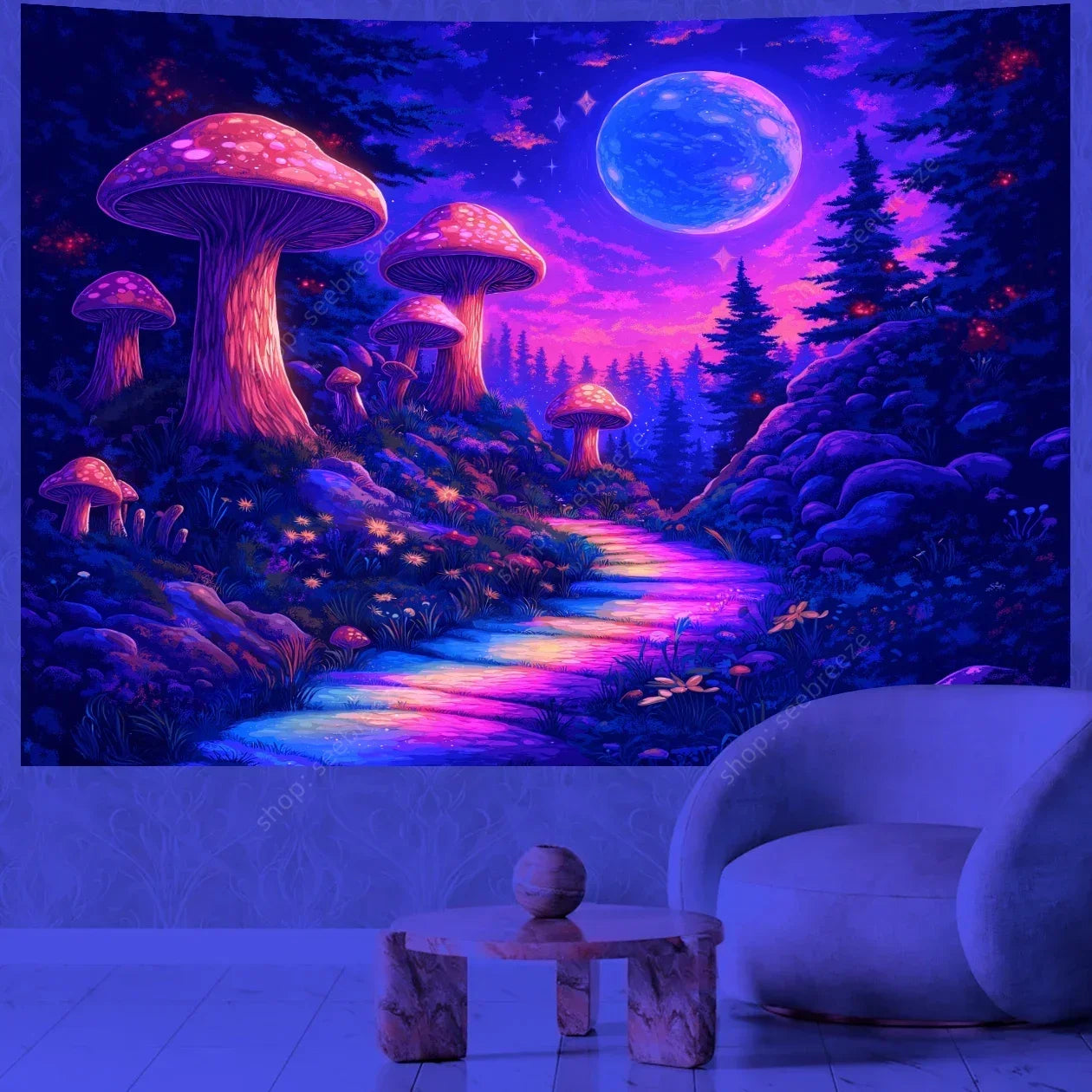 Futuristic forest tapestry with glowing mushrooms and a colorful path in a room setting.