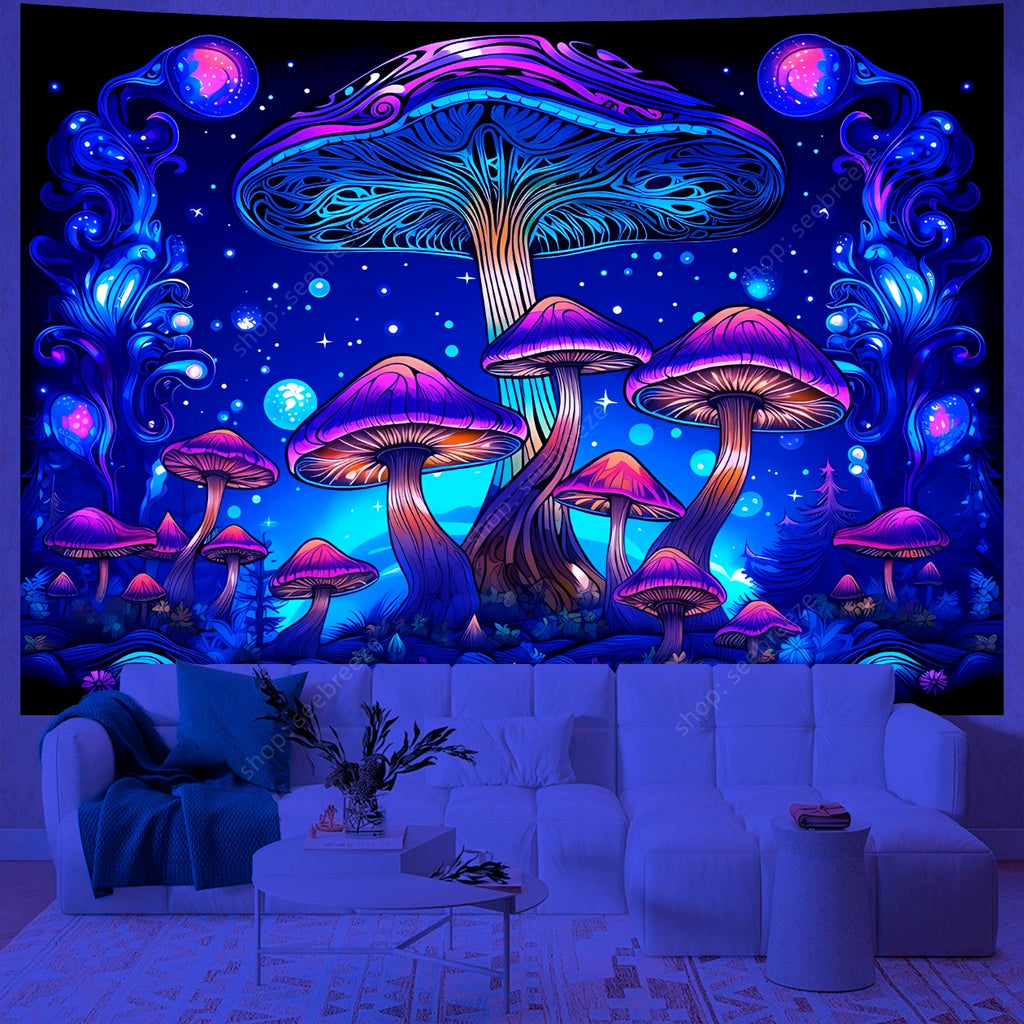 Colorful mushroom tapestry in a living room setting with blue lighting.
