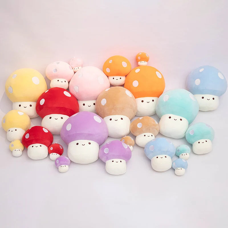Colorful mushroom-shaped toys with smiling faces on a light gray background