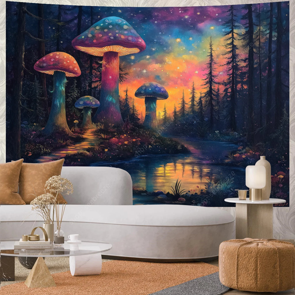 Mystical forest tapestry with colorful mushrooms hanging above a living room setup.