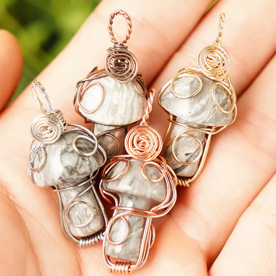 Handmade Men's Necklace with Natural Crystal Mushroom Pendant