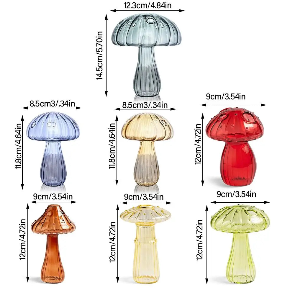 Glass mushroom-shaped lamps in various colors with measurements on a white background