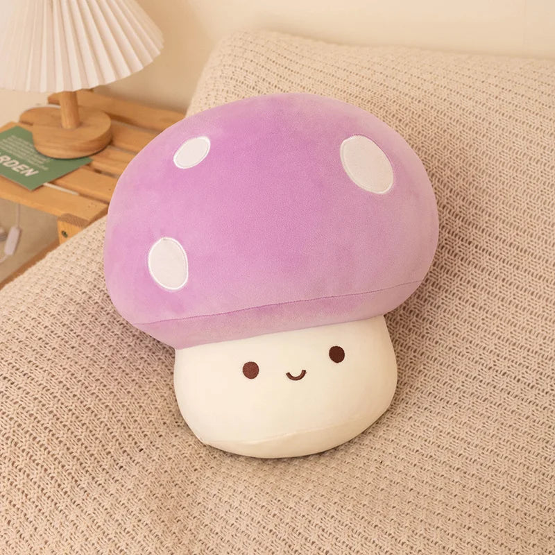 Cute plush mushroom toy with a purple cap on a beige surface