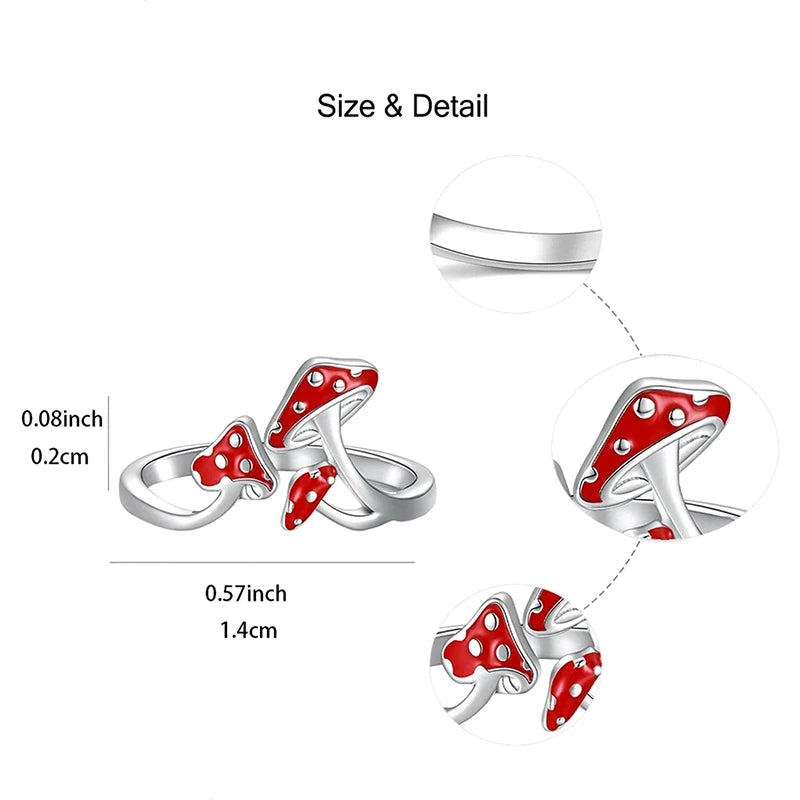 Silver and red mushroom-shaped earrings with size and detail measurements on a white background