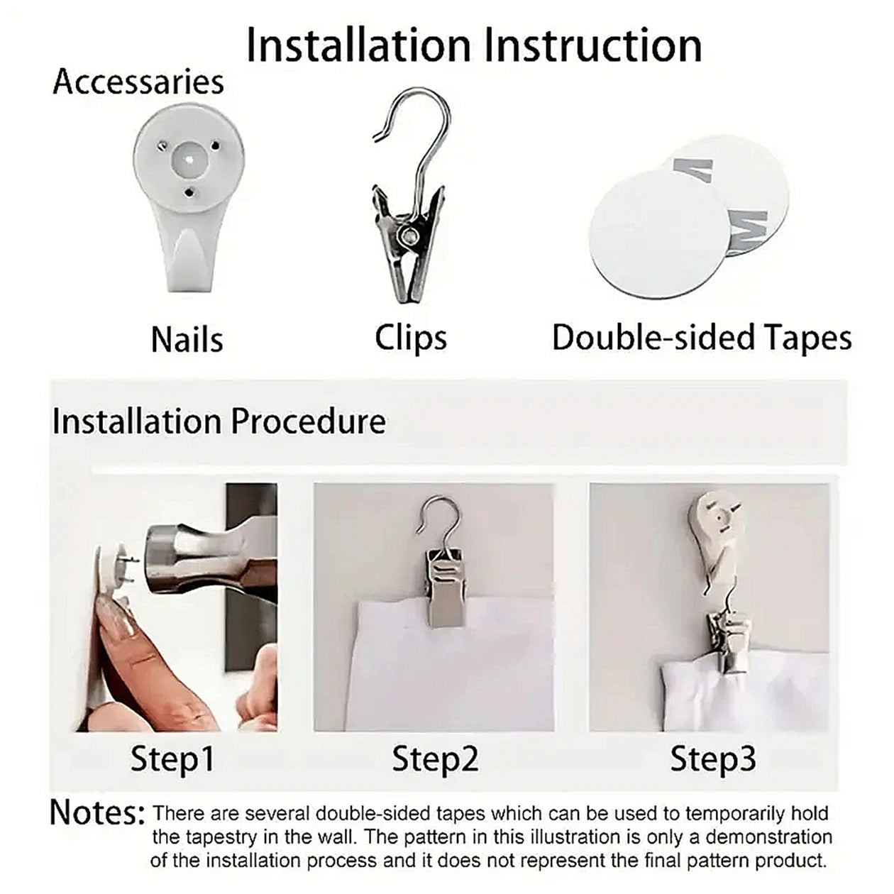 Installation instruction for wall hooks with nails, clips, and double-sided tapes.