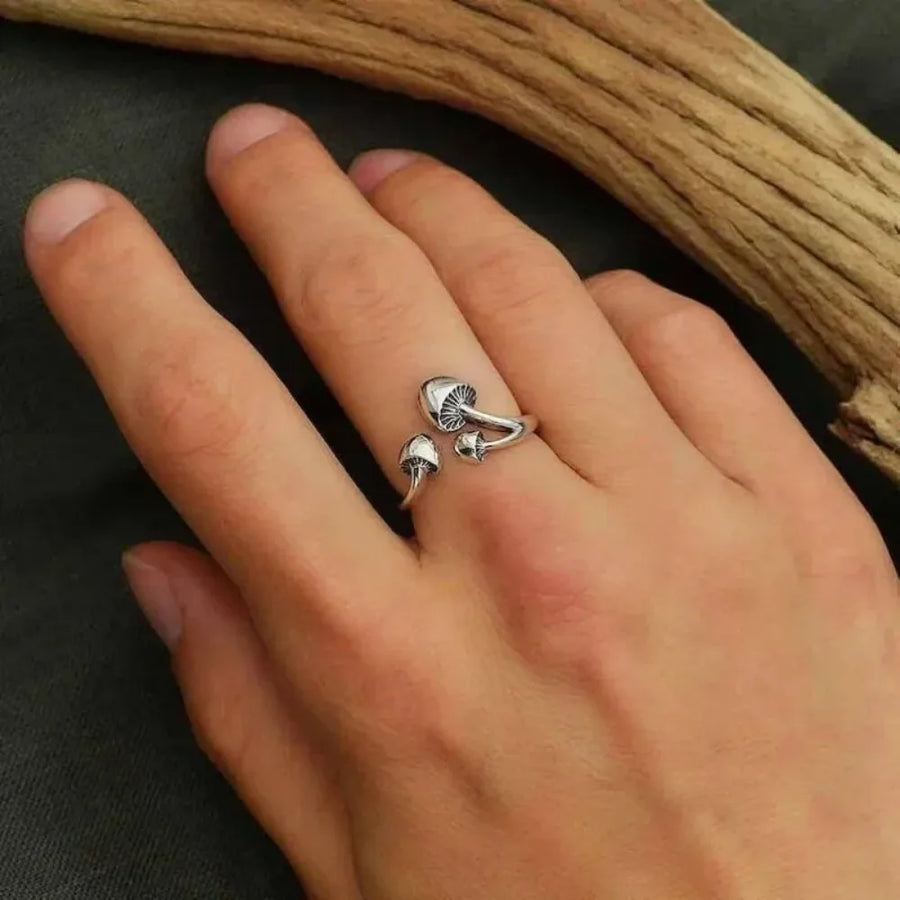 Fashionable and Creative Trendy Mushroom Retro Silver Mushroom Open Ring – Adjustable Zinc Alloy Statement Ring (Unisex)