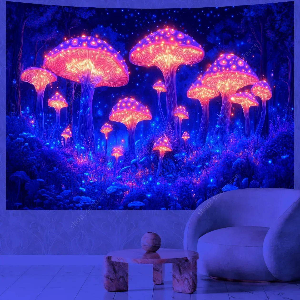 Colorful mushroom tapestry hanging on a wall with a modern chair and small table in front.