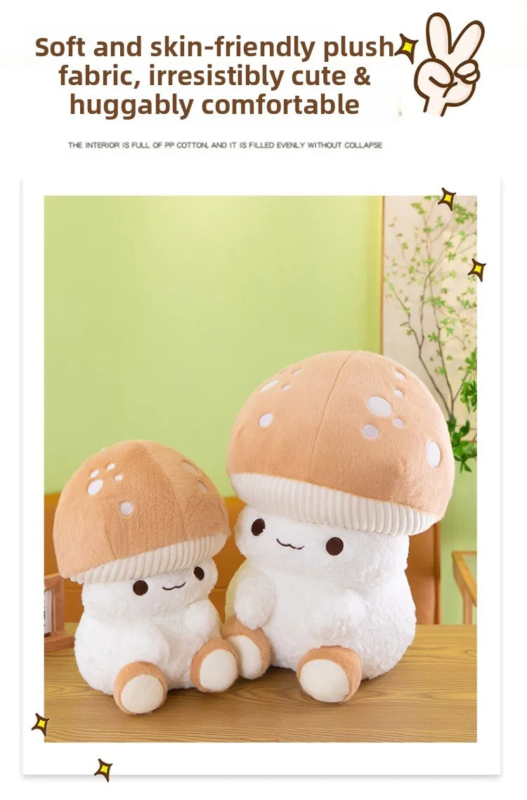 Two plush mushroom toys sitting on a table with text about their soft and skin-friendly fabric.