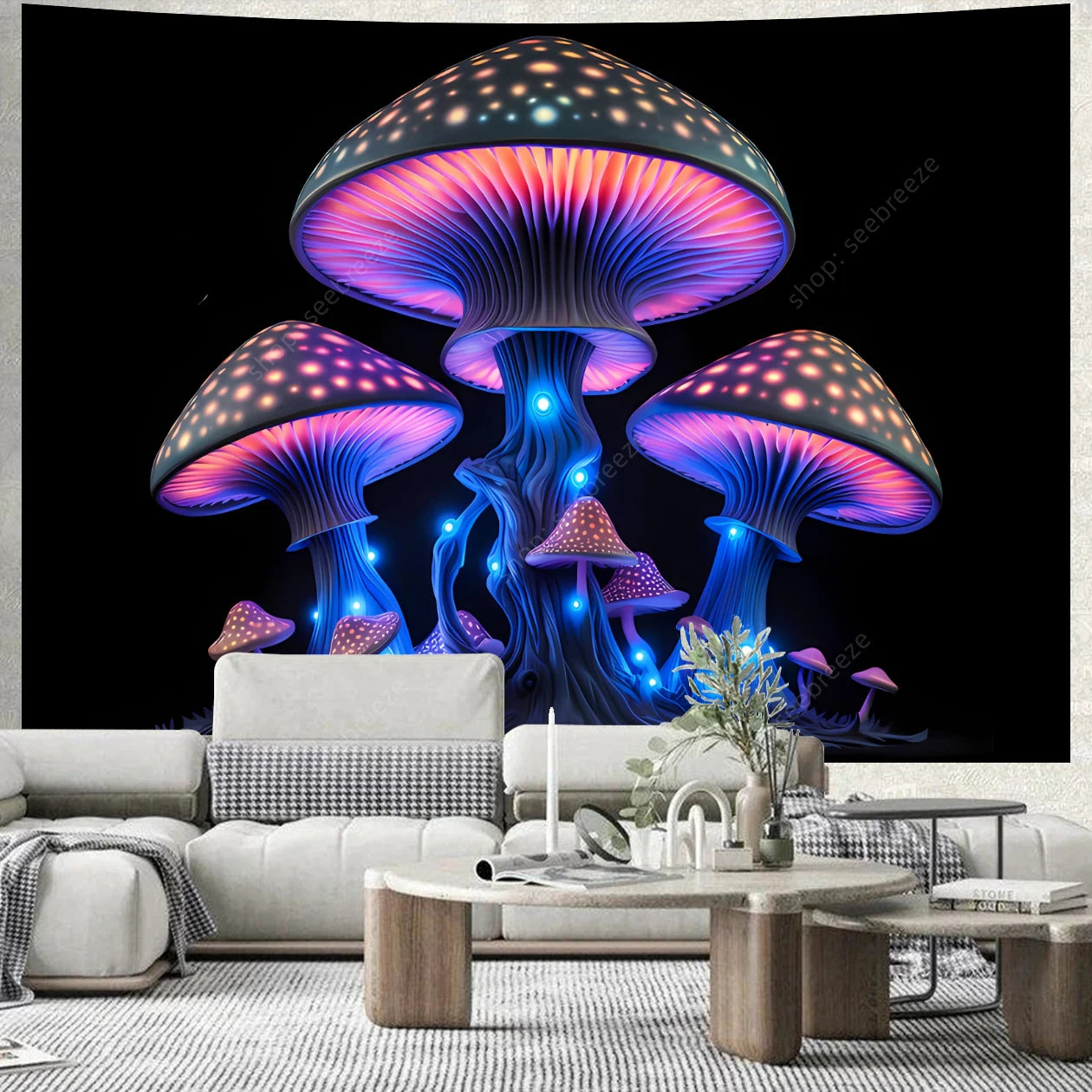 Colorful mushroom tapestry hanging on a wall above a living room.