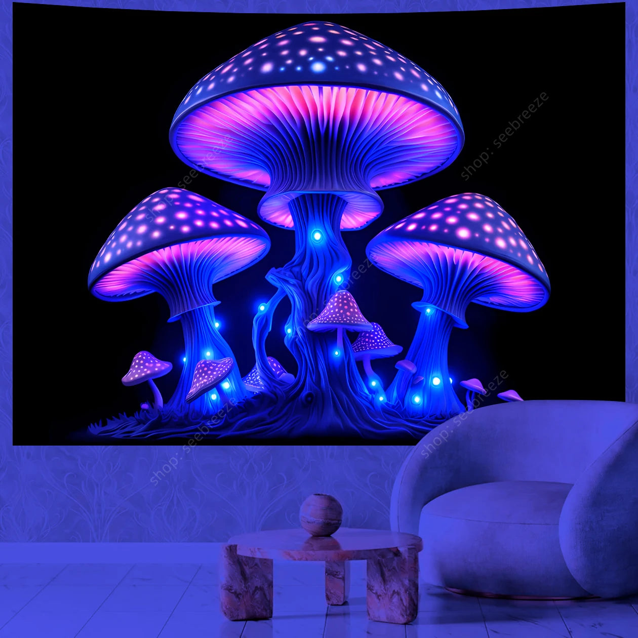 Glowing purple mushrooms on a wall in a room with a modern chair and decor.