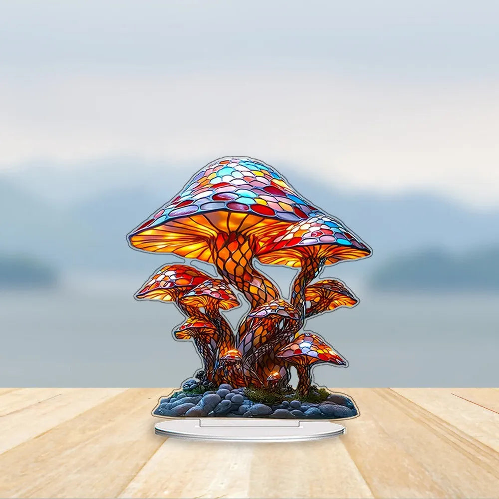 Colorful mushroom-shaped lamp on a wooden surface with a blurred sky background