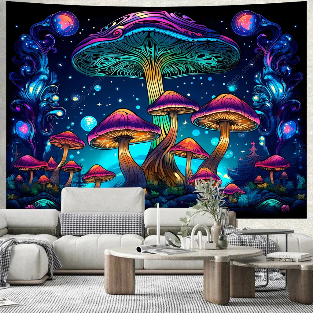 Colorful mushroom tapestry hanging on a wall above a living room.