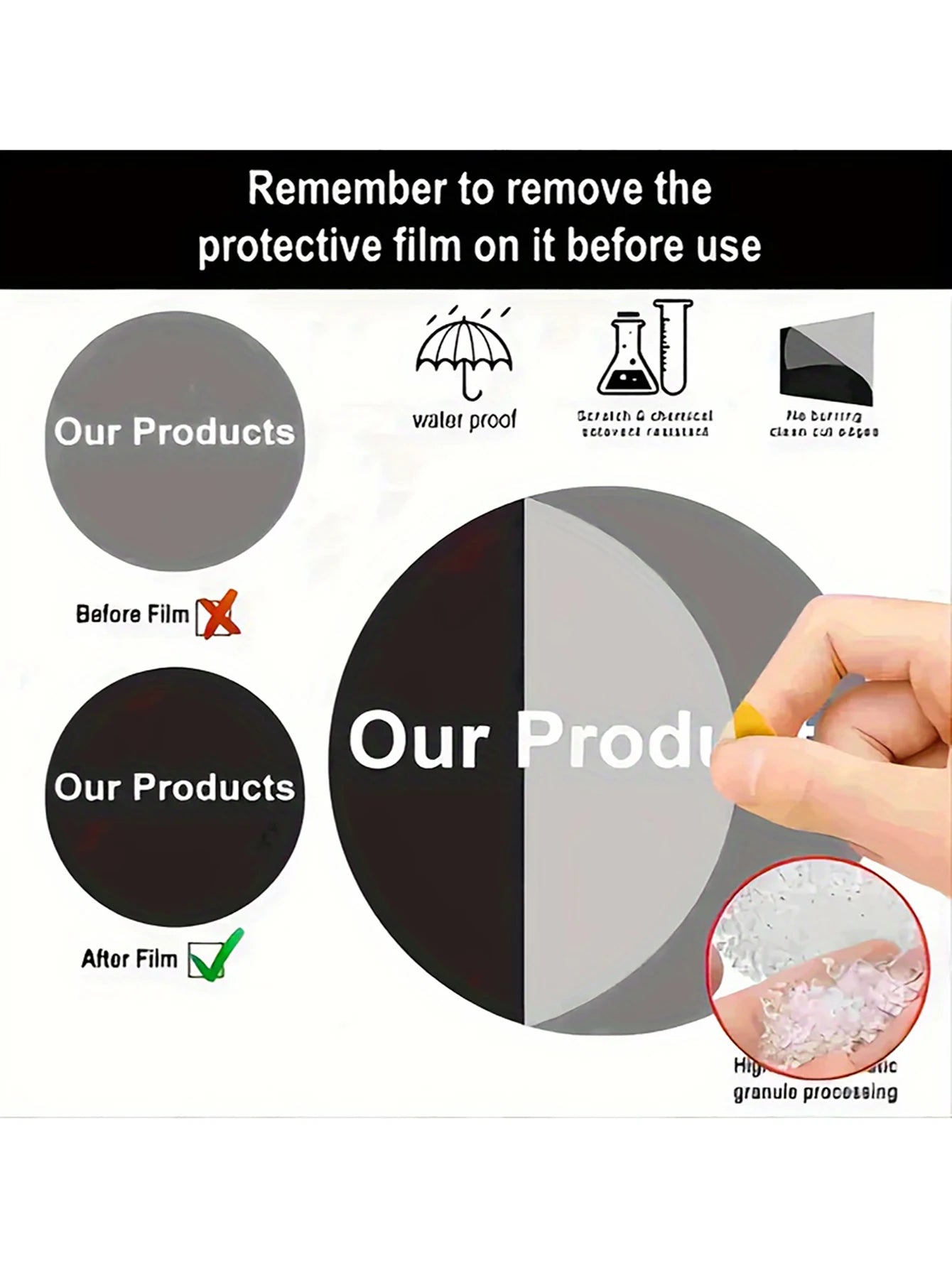 Product packaging with text and images showing features and usage instructions.