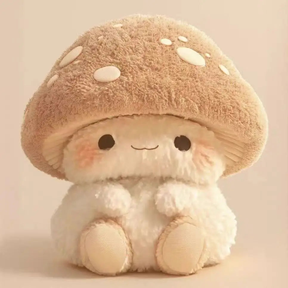 Cute plush toy with a mushroom design on a beige front