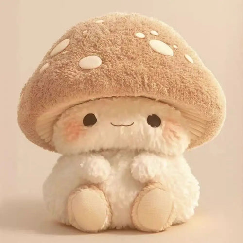 Cute plush toy with a mushroom design on a beige front
