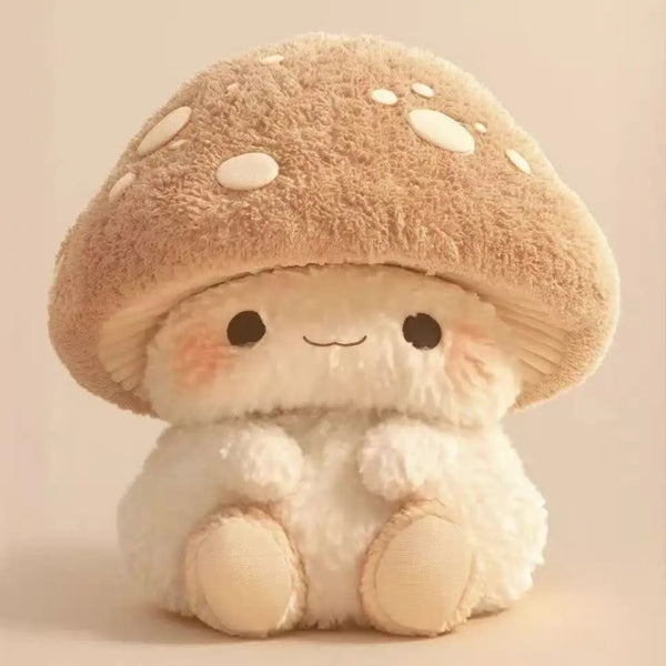 Cute plush toy with a mushroom design on a beige front