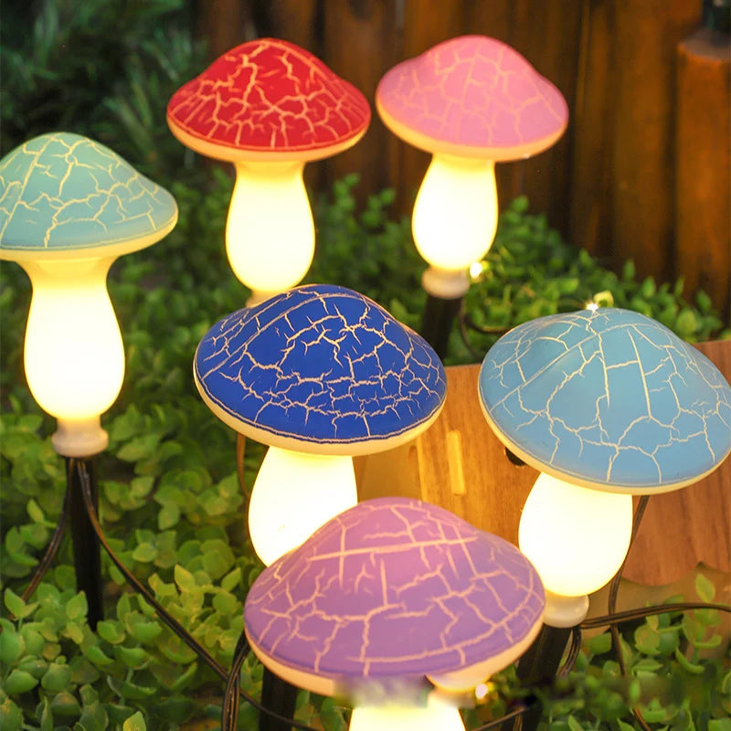 Colorful mushroom-shaped lights on a grassy background